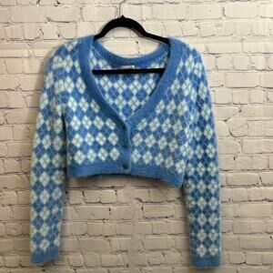 Sunday Best Fuzzy Preppy Argyle V Neck Cropped Cardigan Medium Blue Aritzia